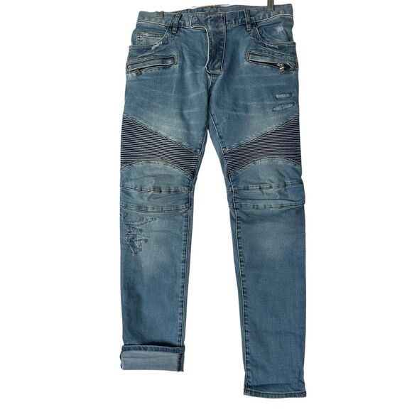 Balmain Paris Men's W30xL31 Biker Jeans Moto Ribbed Distressed Made In Japan